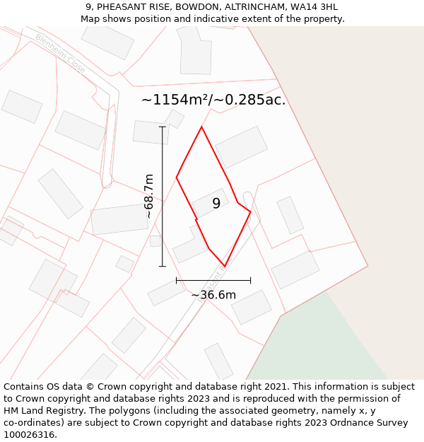 9, PHEASANT RISE, BOWDON, ALTRINCHAM, WA14 3HL: Plot and title map