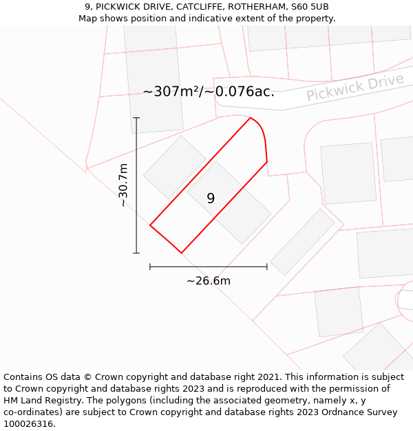 9, PICKWICK DRIVE, CATCLIFFE, ROTHERHAM, S60 5UB: Plot and title map