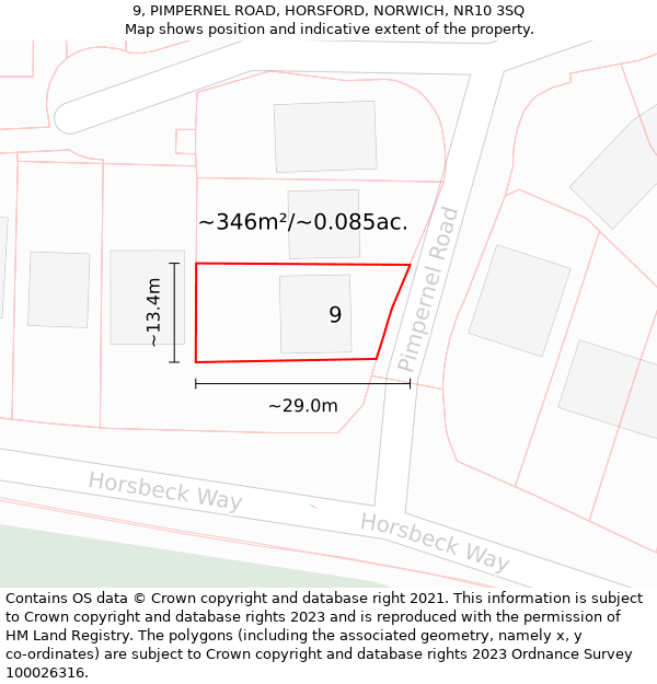 9, PIMPERNEL ROAD, HORSFORD, NORWICH, NR10 3SQ: Plot and title map