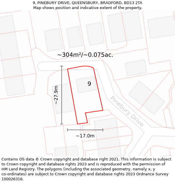 9, PINEBURY DRIVE, QUEENSBURY, BRADFORD, BD13 2TA: Plot and title map