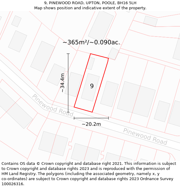 9, PINEWOOD ROAD, UPTON, POOLE, BH16 5LH: Plot and title map