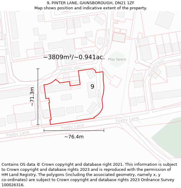 9, PINTER LANE, GAINSBOROUGH, DN21 1ZF: Plot and title map