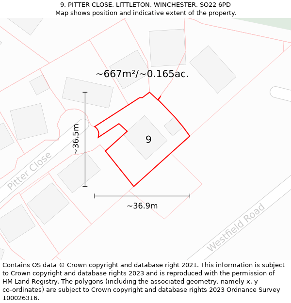 9, PITTER CLOSE, LITTLETON, WINCHESTER, SO22 6PD: Plot and title map