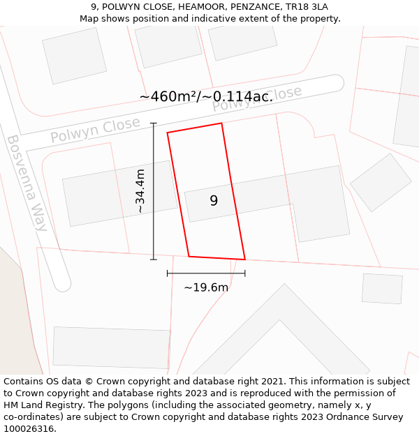 9, POLWYN CLOSE, HEAMOOR, PENZANCE, TR18 3LA: Plot and title map