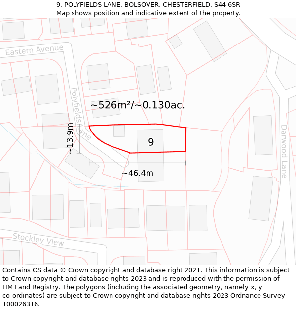 9, POLYFIELDS LANE, BOLSOVER, CHESTERFIELD, S44 6SR: Plot and title map