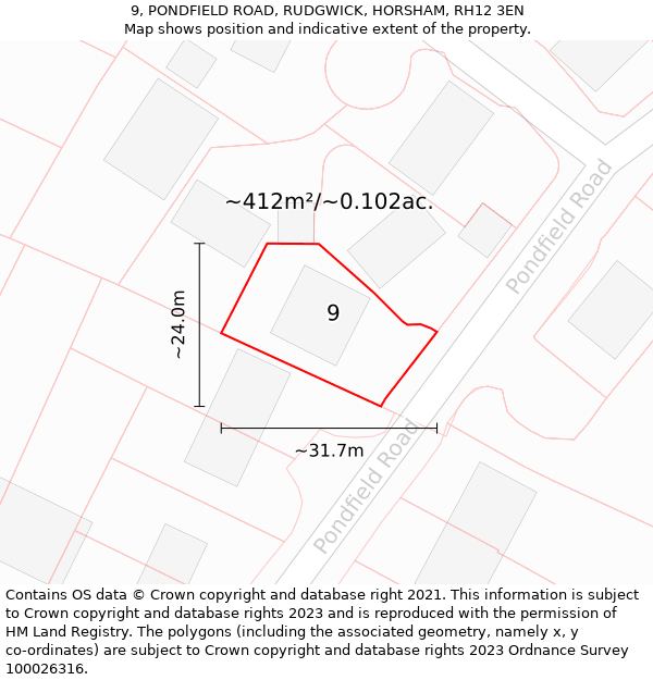 9, PONDFIELD ROAD, RUDGWICK, HORSHAM, RH12 3EN: Plot and title map