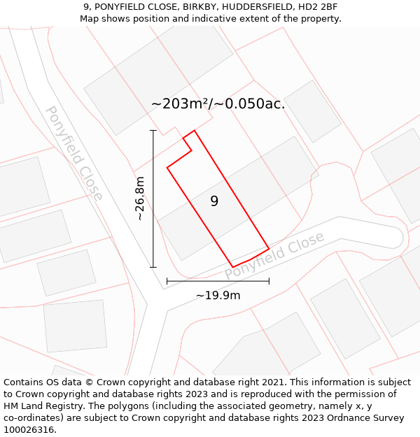 9, PONYFIELD CLOSE, BIRKBY, HUDDERSFIELD, HD2 2BF: Plot and title map