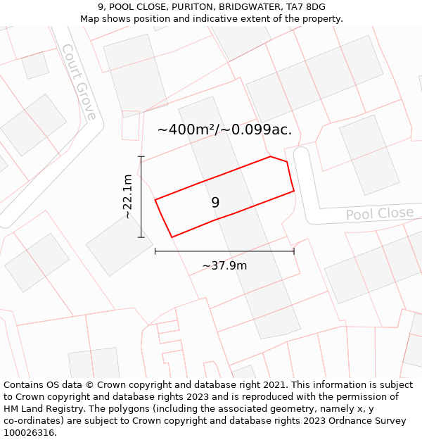 9, POOL CLOSE, PURITON, BRIDGWATER, TA7 8DG: Plot and title map