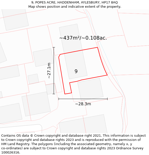 9, POPES ACRE, HADDENHAM, AYLESBURY, HP17 8AQ: Plot and title map