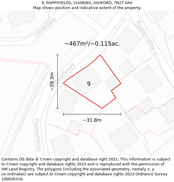 9, POPPYFIELDS, CHARING, ASHFORD, TN27 0AA: Plot and title map