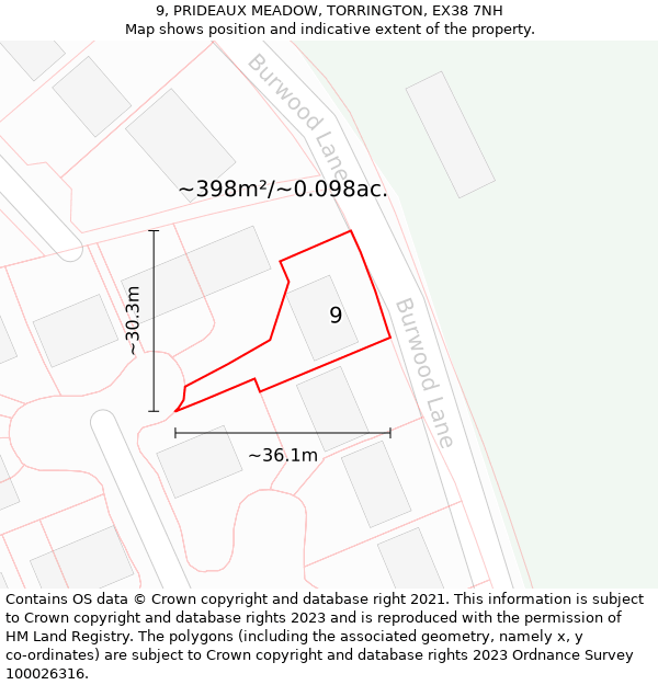 9, PRIDEAUX MEADOW, TORRINGTON, EX38 7NH: Plot and title map