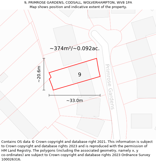 9, PRIMROSE GARDENS, CODSALL, WOLVERHAMPTON, WV8 1PA: Plot and title map