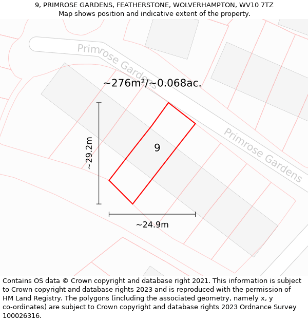 9, PRIMROSE GARDENS, FEATHERSTONE, WOLVERHAMPTON, WV10 7TZ: Plot and title map