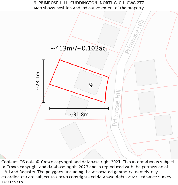 9, PRIMROSE HILL, CUDDINGTON, NORTHWICH, CW8 2TZ: Plot and title map