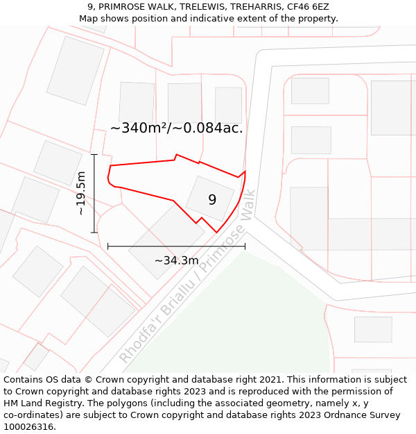 9, PRIMROSE WALK, TRELEWIS, TREHARRIS, CF46 6EZ: Plot and title map