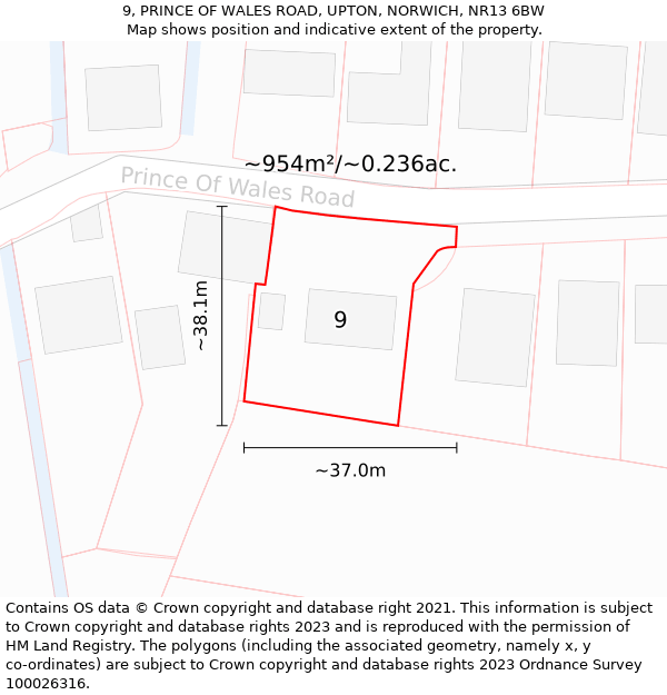 9, PRINCE OF WALES ROAD, UPTON, NORWICH, NR13 6BW: Plot and title map