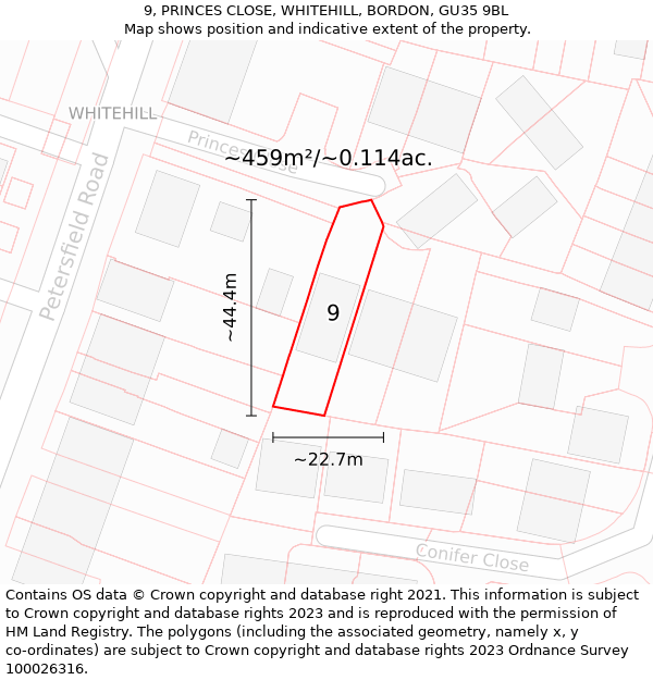 9, PRINCES CLOSE, WHITEHILL, BORDON, GU35 9BL: Plot and title map