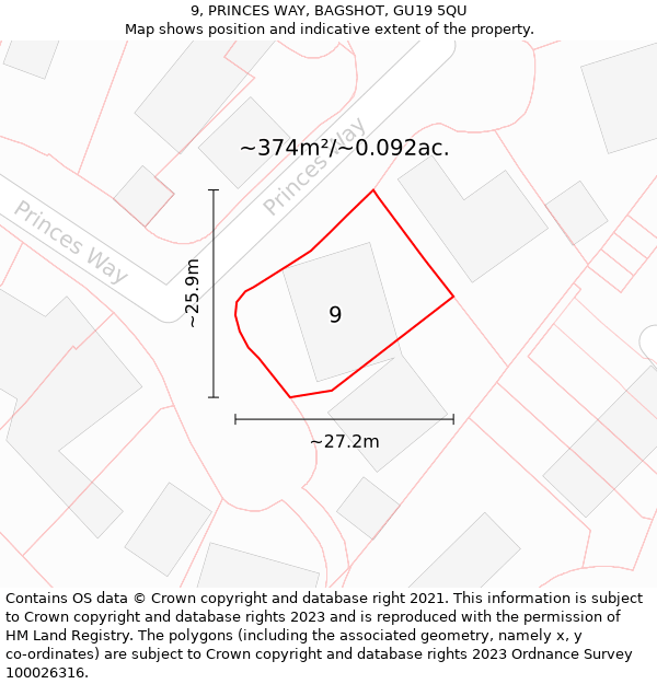 9, PRINCES WAY, BAGSHOT, GU19 5QU: Plot and title map