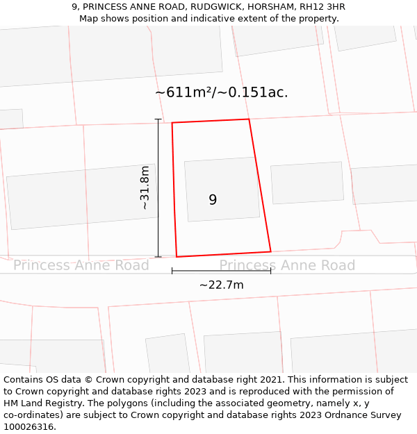 9, PRINCESS ANNE ROAD, RUDGWICK, HORSHAM, RH12 3HR: Plot and title map