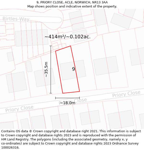 9, PRIORY CLOSE, ACLE, NORWICH, NR13 3AA: Plot and title map