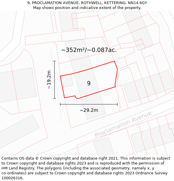 9, PROCLAMATION AVENUE, ROTHWELL, KETTERING, NN14 6GY: Plot and title map