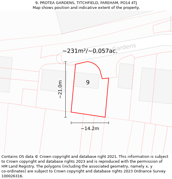 9, PROTEA GARDENS, TITCHFIELD, FAREHAM, PO14 4TJ: Plot and title map