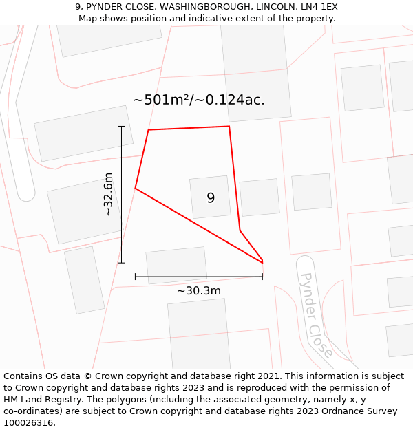 9, PYNDER CLOSE, WASHINGBOROUGH, LINCOLN, LN4 1EX: Plot and title map