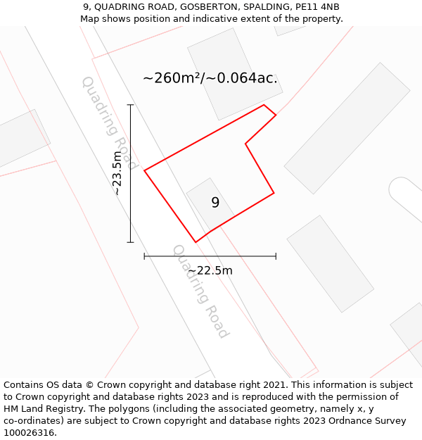 9, QUADRING ROAD, GOSBERTON, SPALDING, PE11 4NB: Plot and title map