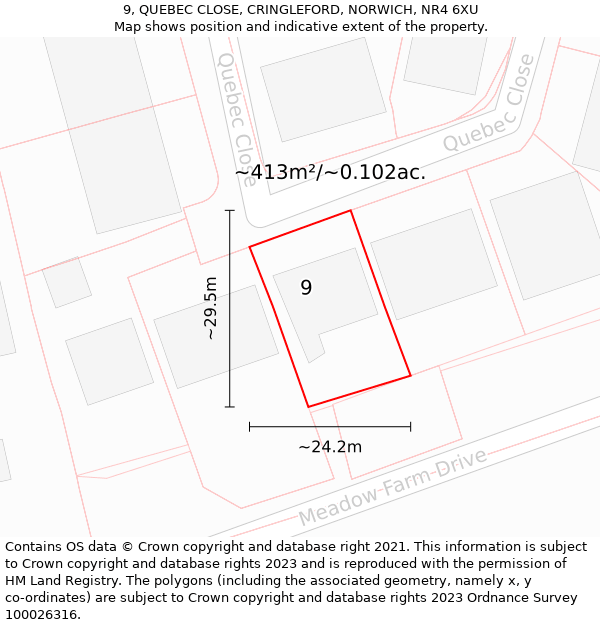 9, QUEBEC CLOSE, CRINGLEFORD, NORWICH, NR4 6XU: Plot and title map