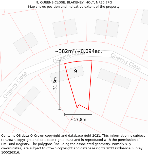 9, QUEENS CLOSE, BLAKENEY, HOLT, NR25 7PQ: Plot and title map
