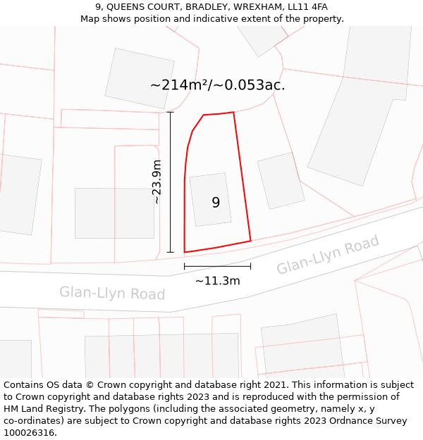 9, QUEENS COURT, BRADLEY, WREXHAM, LL11 4FA: Plot and title map