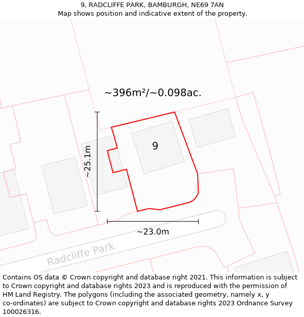 9, RADCLIFFE PARK, BAMBURGH, NE69 7AN: Plot and title map