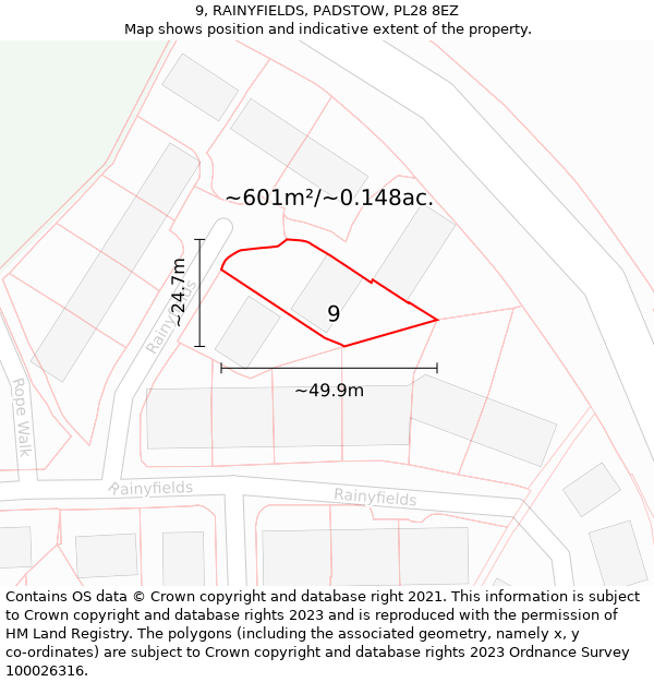 9, RAINYFIELDS, PADSTOW, PL28 8EZ: Plot and title map