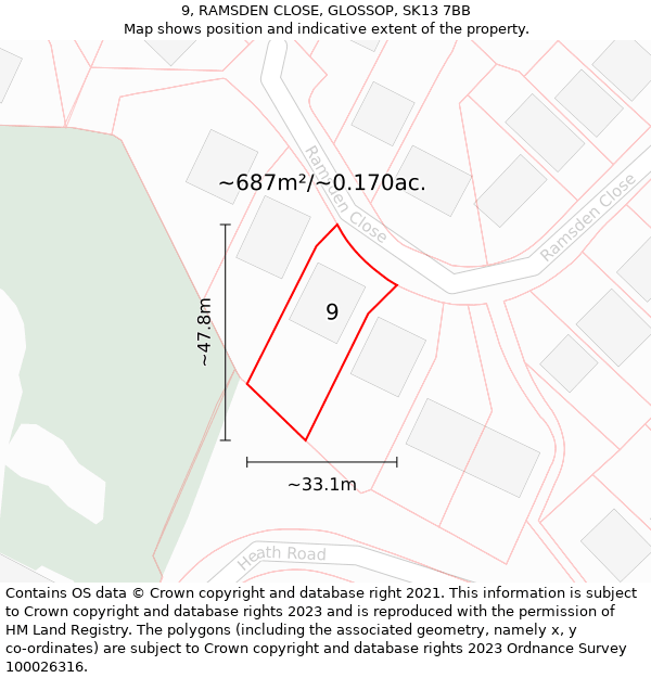 9, RAMSDEN CLOSE, GLOSSOP, SK13 7BB: Plot and title map