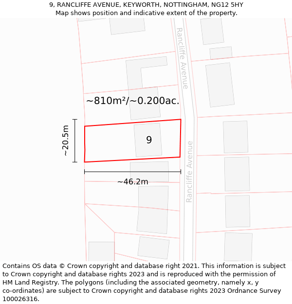 9, RANCLIFFE AVENUE, KEYWORTH, NOTTINGHAM, NG12 5HY: Plot and title map