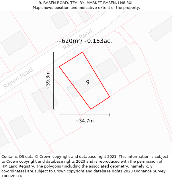 9, RASEN ROAD, TEALBY, MARKET RASEN, LN8 3XL: Plot and title map