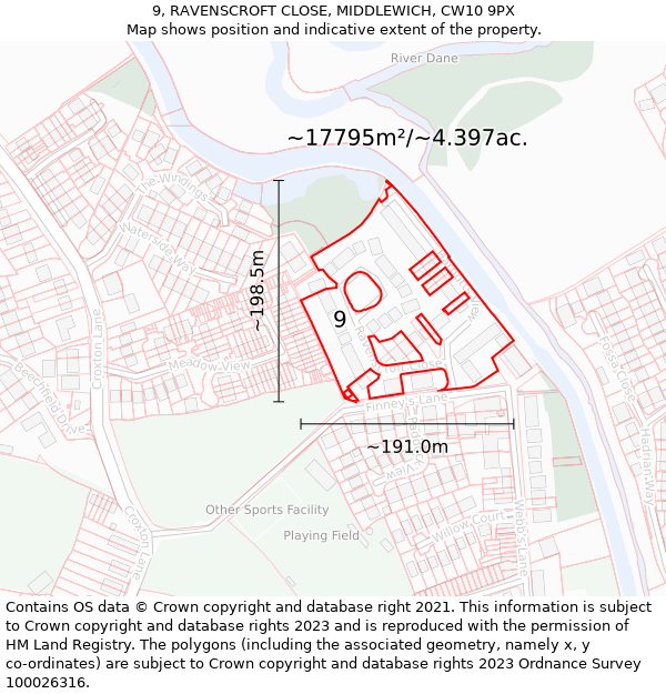 9, RAVENSCROFT CLOSE, MIDDLEWICH, CW10 9PX: Plot and title map