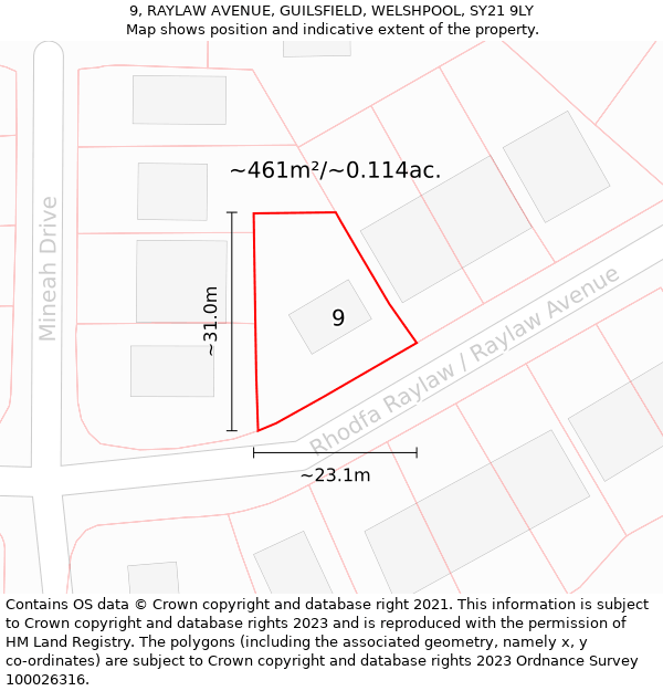 9, RAYLAW AVENUE, GUILSFIELD, WELSHPOOL, SY21 9LY: Plot and title map