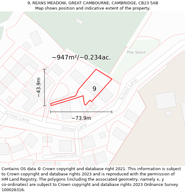 9, REANS MEADOW, GREAT CAMBOURNE, CAMBRIDGE, CB23 5AB: Plot and title map