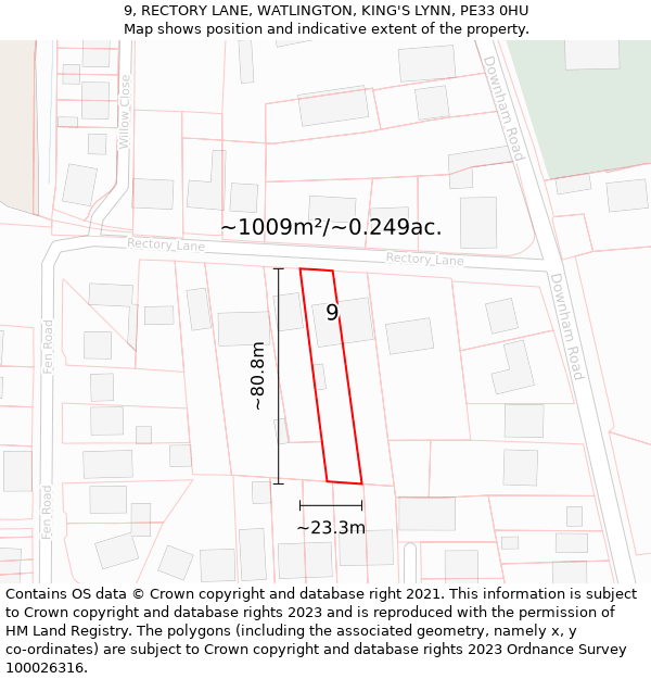 9, RECTORY LANE, WATLINGTON, KING'S LYNN, PE33 0HU: Plot and title map