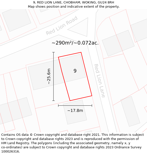 9, RED LION LANE, CHOBHAM, WOKING, GU24 8RH: Plot and title map