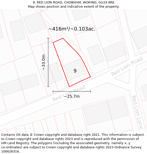 9, RED LION ROAD, CHOBHAM, WOKING, GU24 8RE: Plot and title map