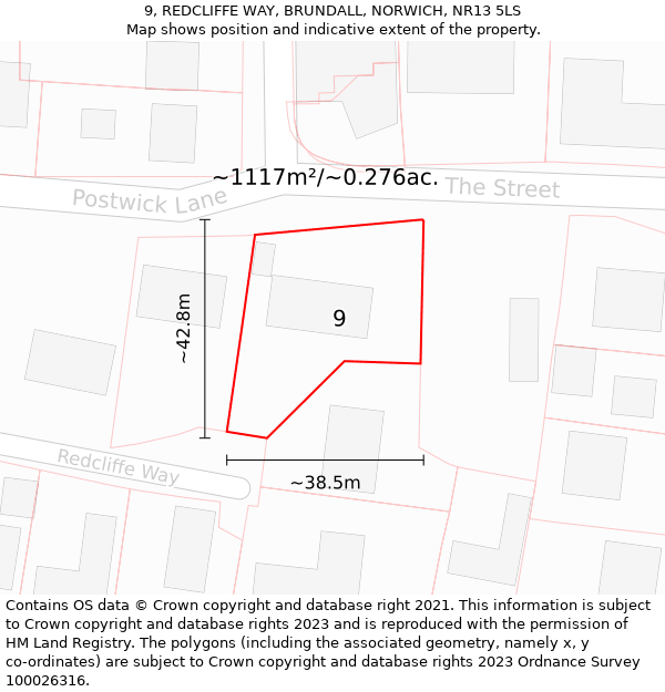 9, REDCLIFFE WAY, BRUNDALL, NORWICH, NR13 5LS: Plot and title map