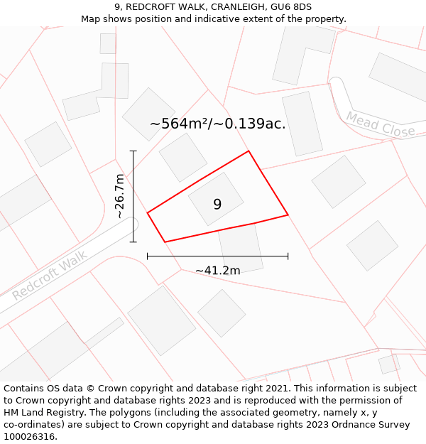 9, REDCROFT WALK, CRANLEIGH, GU6 8DS: Plot and title map