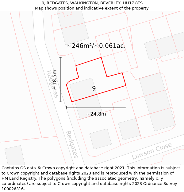 9, REDGATES, WALKINGTON, BEVERLEY, HU17 8TS: Plot and title map