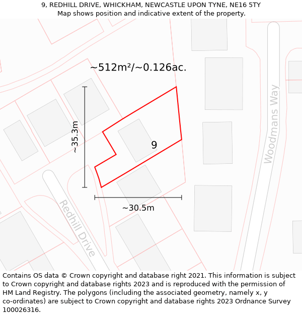 9, REDHILL DRIVE, WHICKHAM, NEWCASTLE UPON TYNE, NE16 5TY: Plot and title map