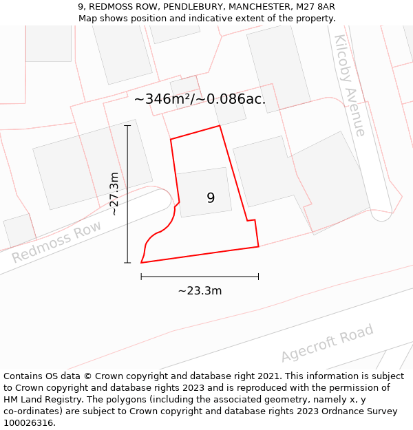 9, REDMOSS ROW, PENDLEBURY, MANCHESTER, M27 8AR: Plot and title map