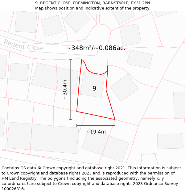 9, REGENT CLOSE, FREMINGTON, BARNSTAPLE, EX31 2PN: Plot and title map