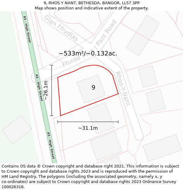 9, RHOS Y NANT, BETHESDA, BANGOR, LL57 3PP: Plot and title map