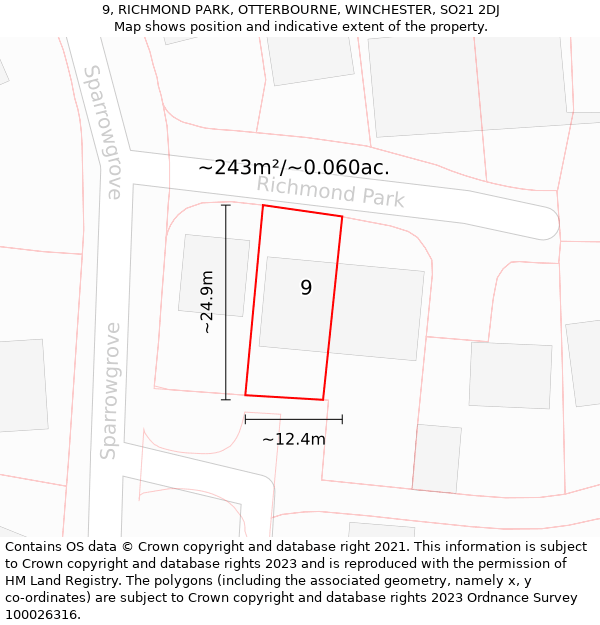 9, RICHMOND PARK, OTTERBOURNE, WINCHESTER, SO21 2DJ: Plot and title map